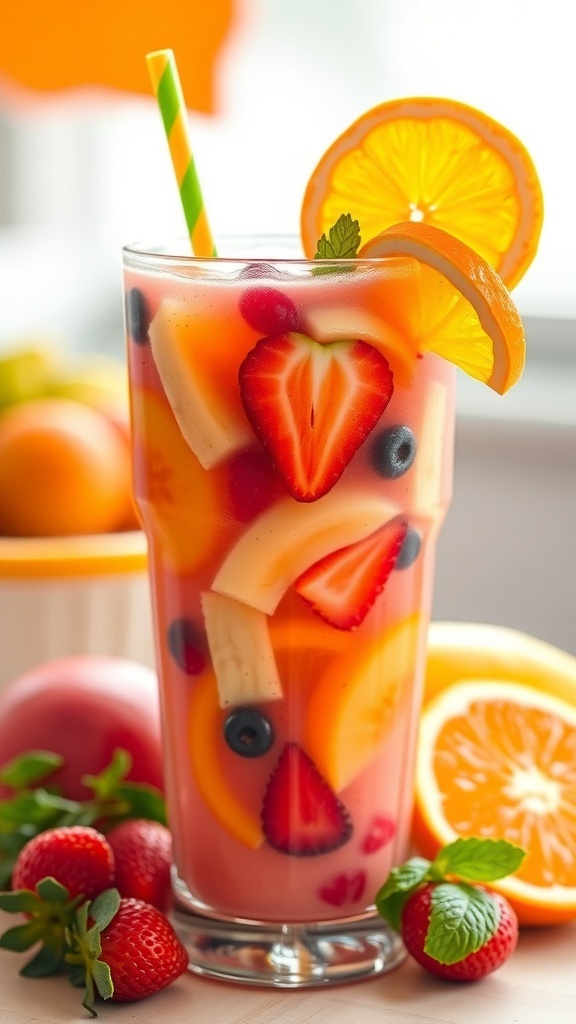 Juicy Fruit Smoothie Recipe A refreshing glass of fruit smoothie with strawberries, bananas, and oranges, garnished with an orange slice.